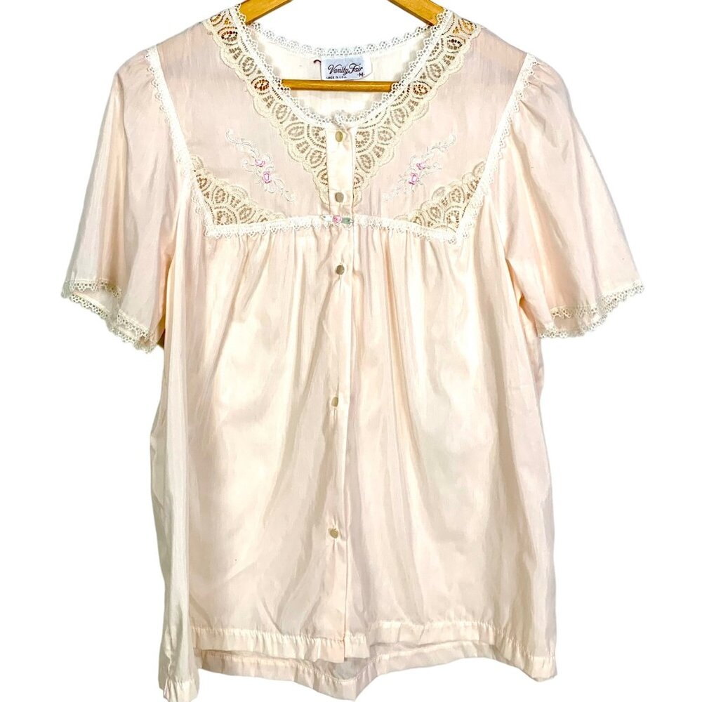 Vintage Vanity Fair Lace Trim Bed Jacket Night Top Button Front Pink Size M